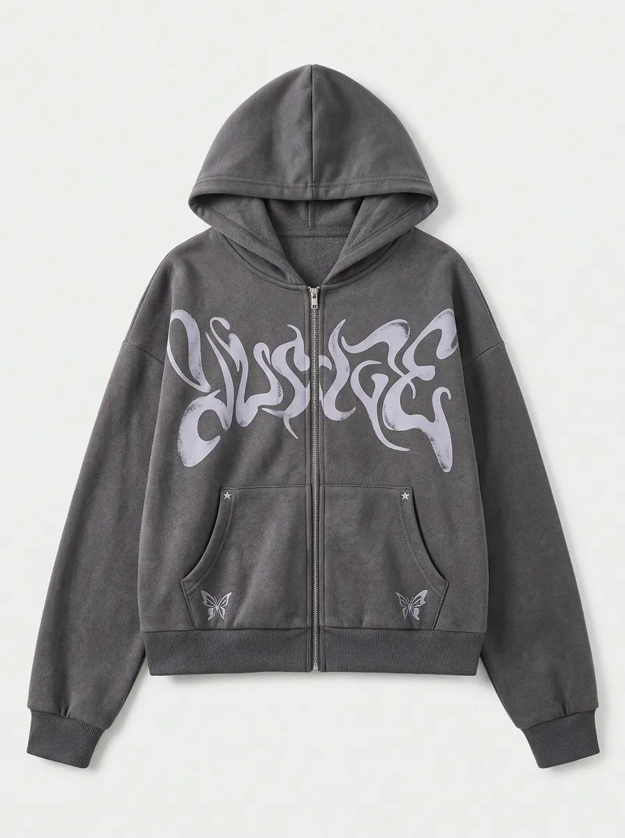 Unisex Streetwear Y2K Gothic Letter Butterfly Printed Zip-up Hoodie