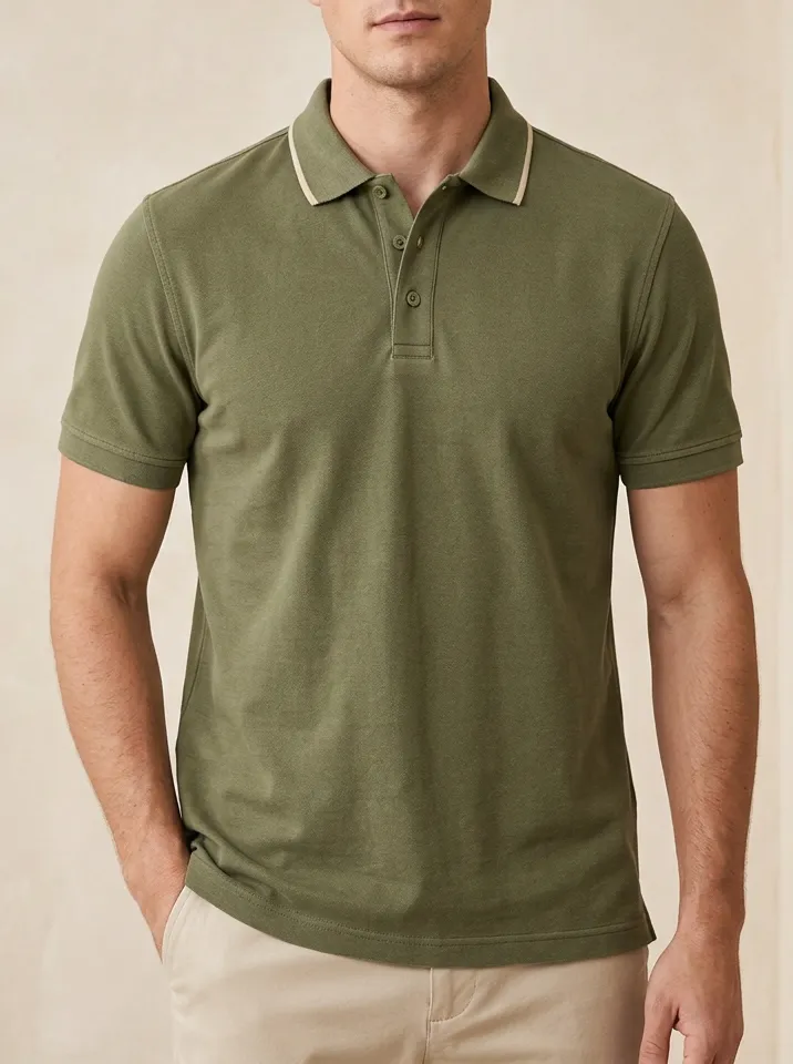 Men's Olive Green Contrast Collar Casual Polo Shirt