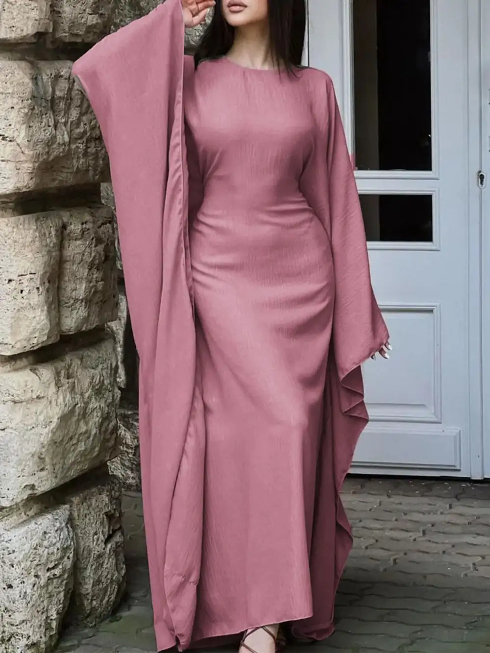 Cape Round Neck Maxi Dress