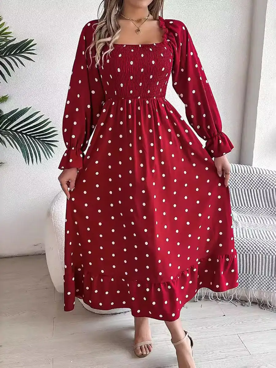 Pleated Ruffled Polka Dot Long Neck Shirt
