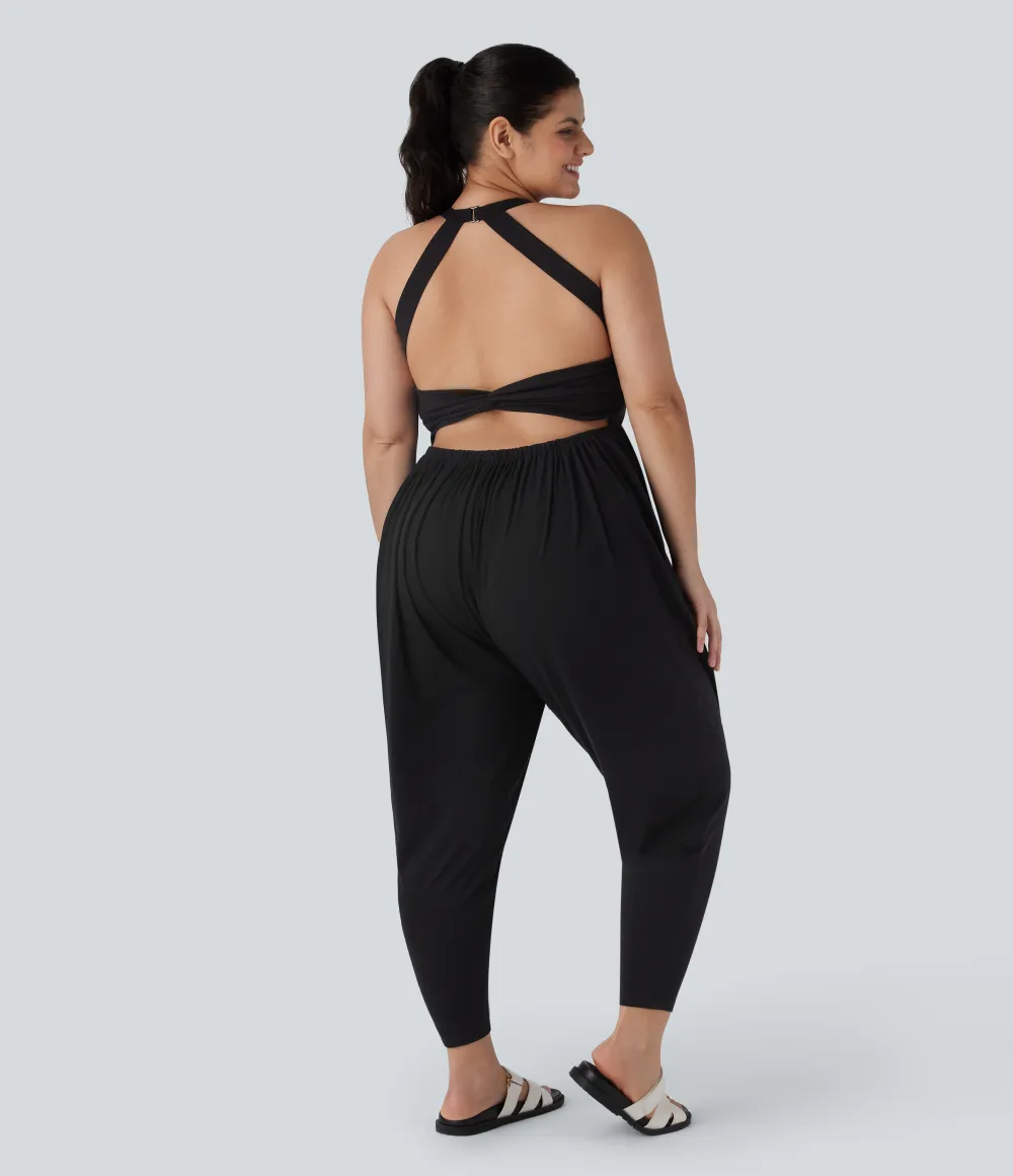 Backless Twisted Harem Casual Plus Size Jumpsuit with Side Pocket-Easy Peezy Edition