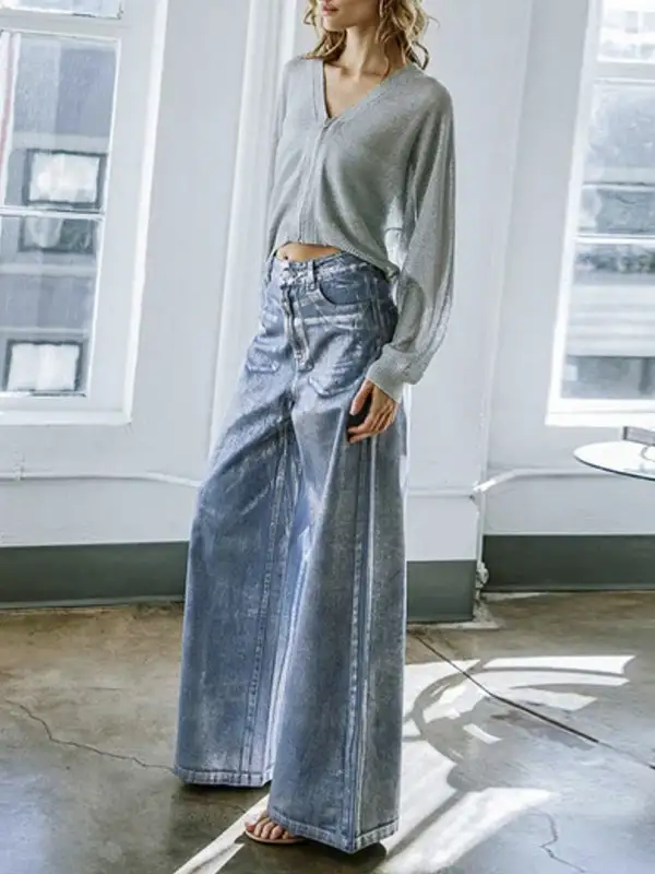 Printed High Waist Relaxed Fit Wide Leg Seamed Jeans