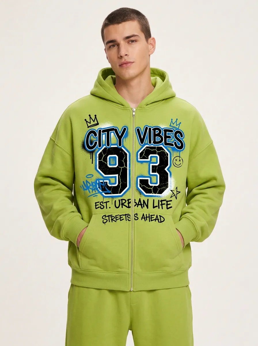 Men's City Vibes 93 Graffiti Urban Printed Zip-up Hoodie