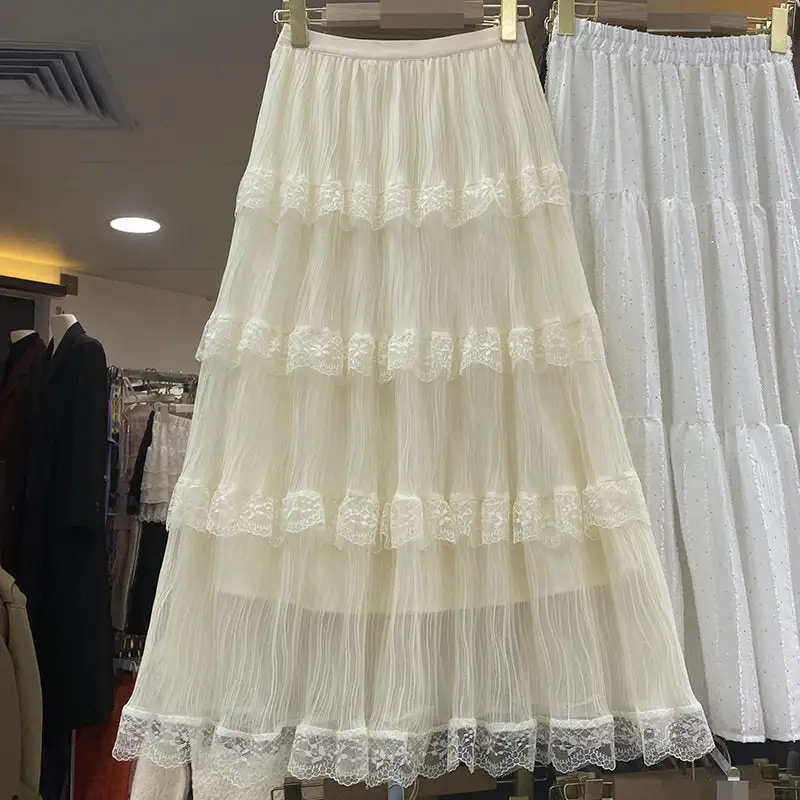 Flowing Textured Lace Insert Midi Skirt
