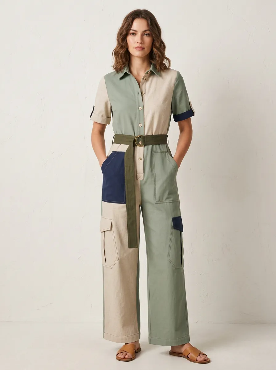 Women's Marlow Utility Patchwork Colorblock Belted Jumpsuit