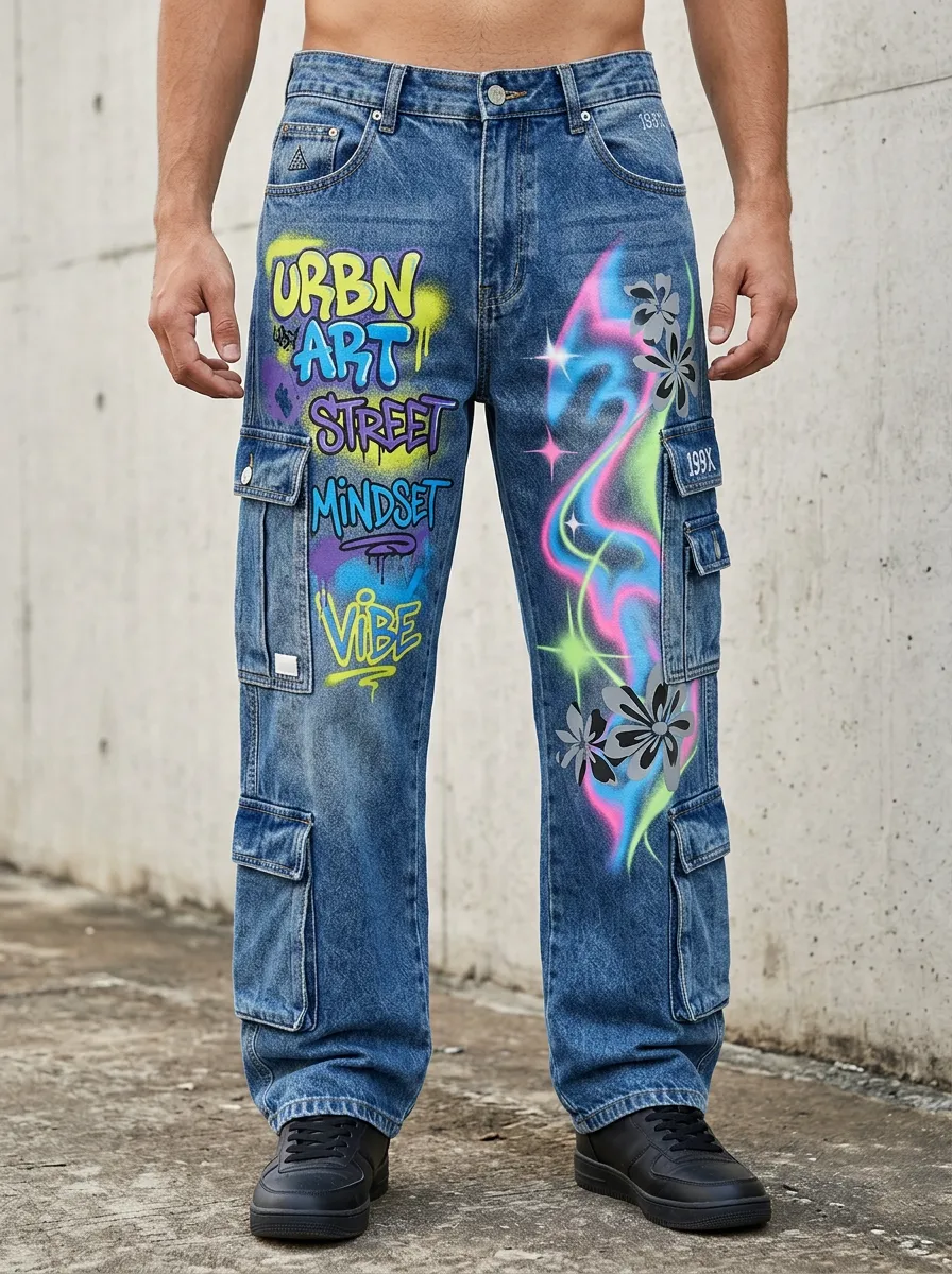 Men's Streetwear Graffiti Floral Urban Art Cargo Jeans