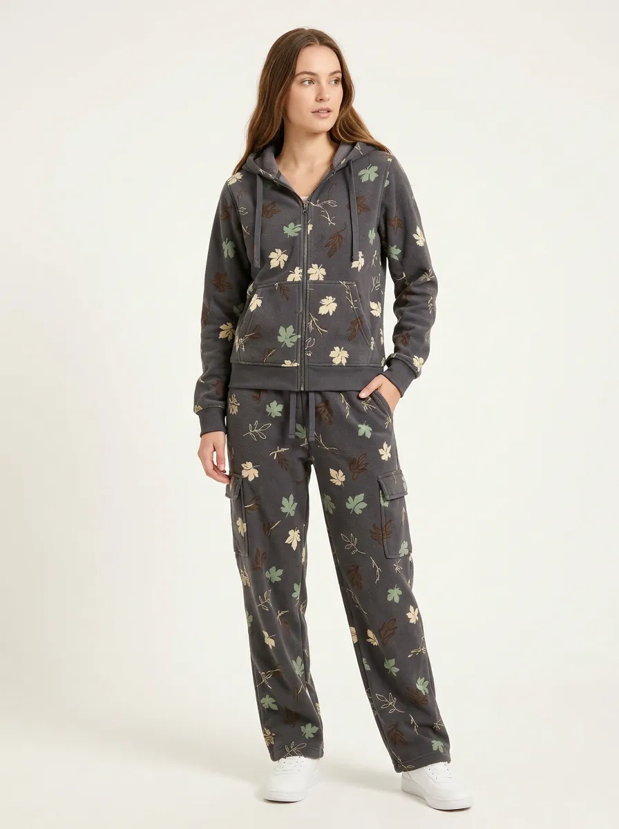 Women's Leaf Print Zip-Up Hoodie And Cargo Jogger Set