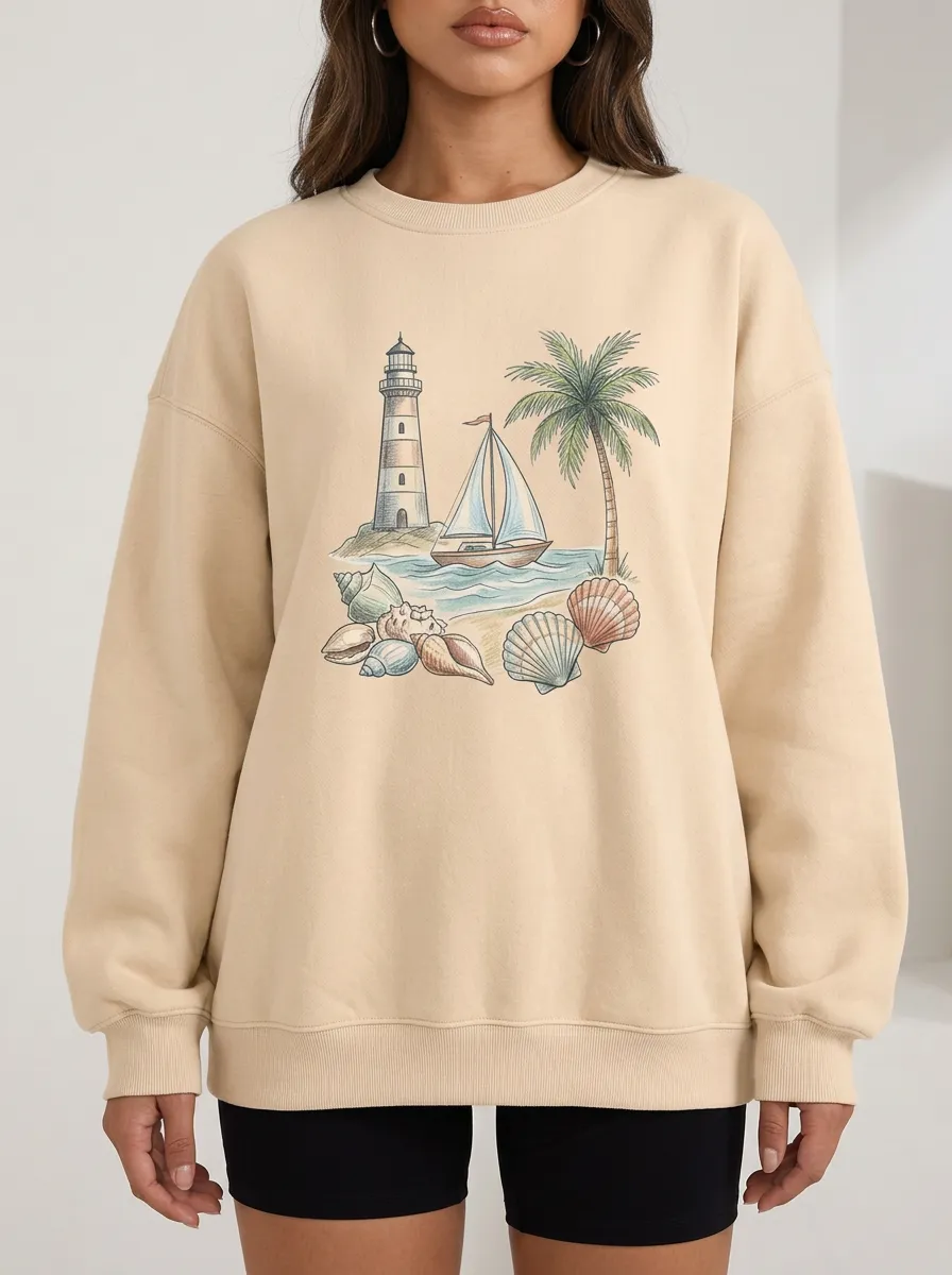 Women's Coastal Beach Lover Lighthouse Sailboat Seashells Printed Sweatshirt