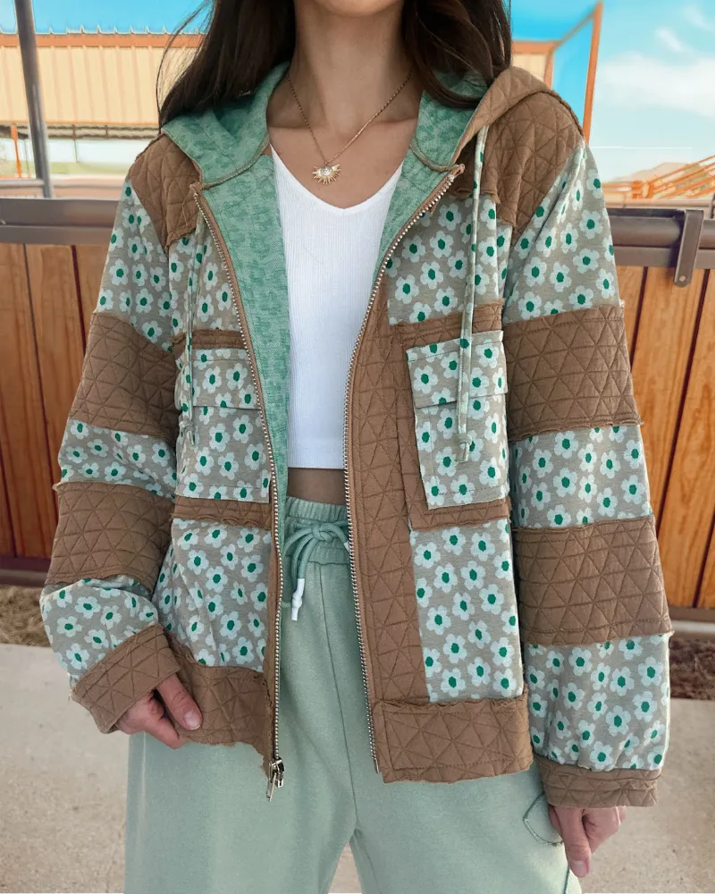 Floral Zip Up Hooded Quilted Jacket