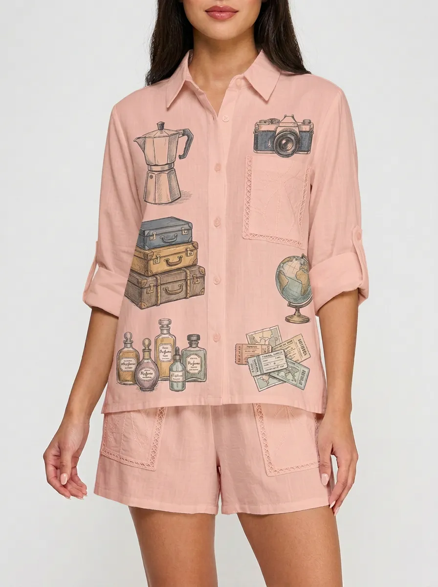 Women's Travel Enthusiast Vintage Objects Graphic Button-Up Shirt