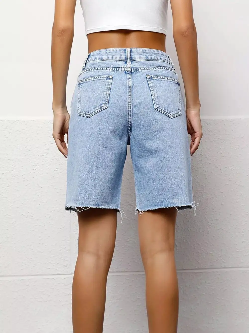 High-Waist Raw-Hem Pocketed Cotton Denim Shorts
