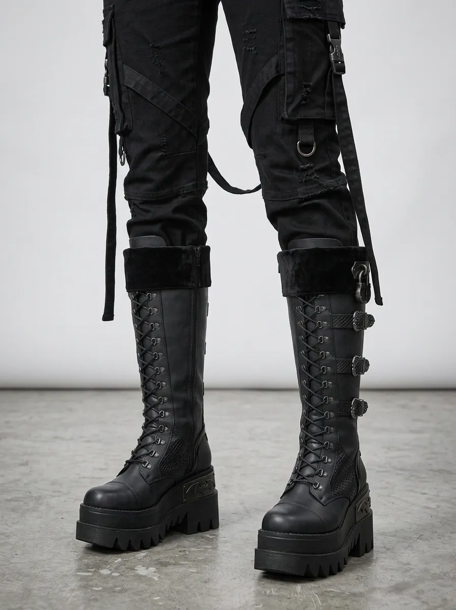 Modern Gothic Bat Snake Buckle Silhouette Women's Gothic Platform Boots