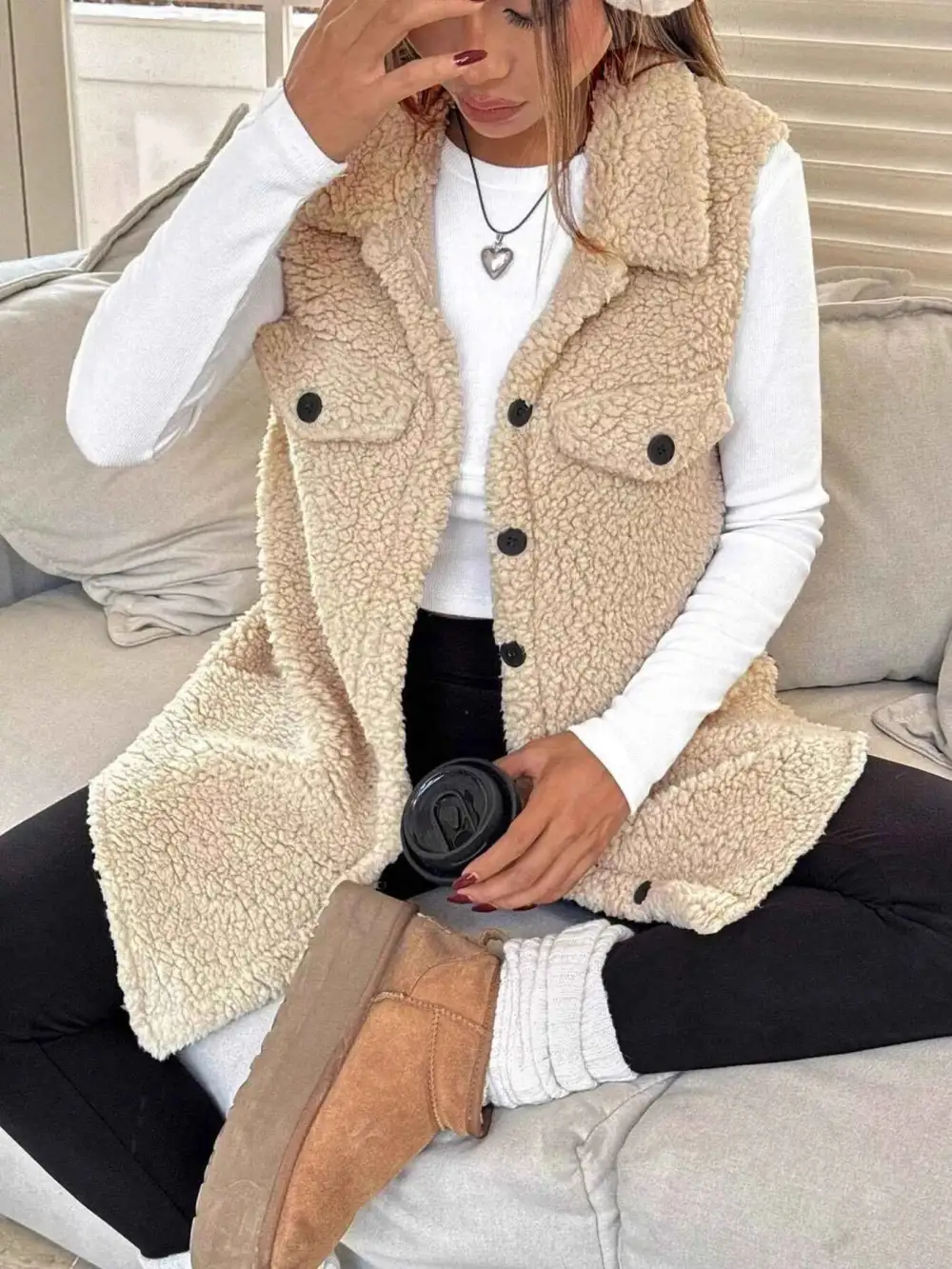 Button Down Sherpa Fleece Vest Coat