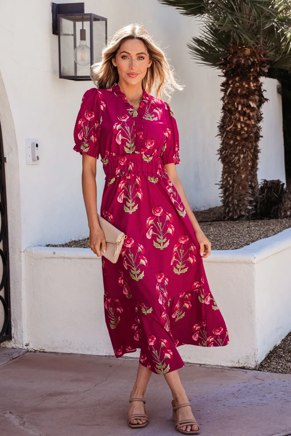 Red Floral Ruffle Maxi Dress