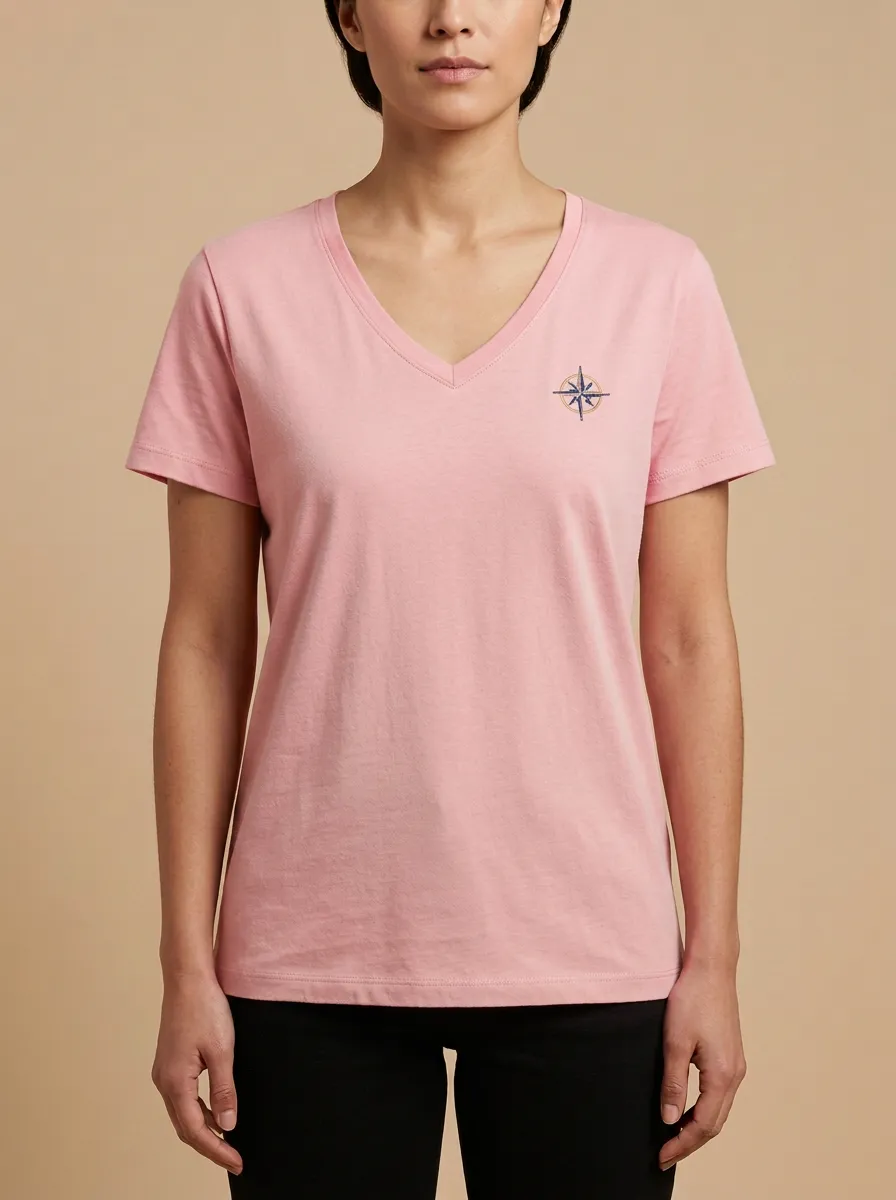 Women's Adventure Compass Embroidered V-Neck T-Shirt