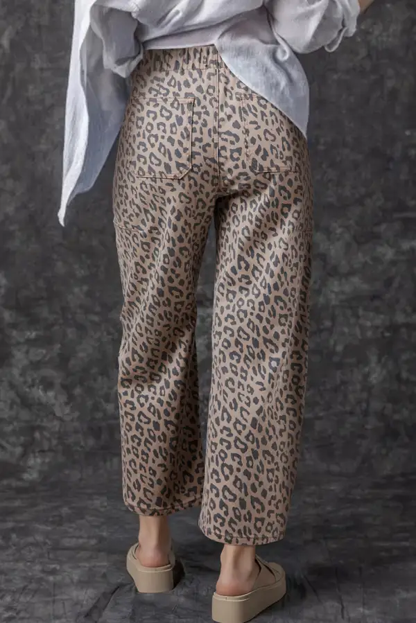 Women's Pocketed Barrel Jeans With Leopard Print And Drawstring Waist