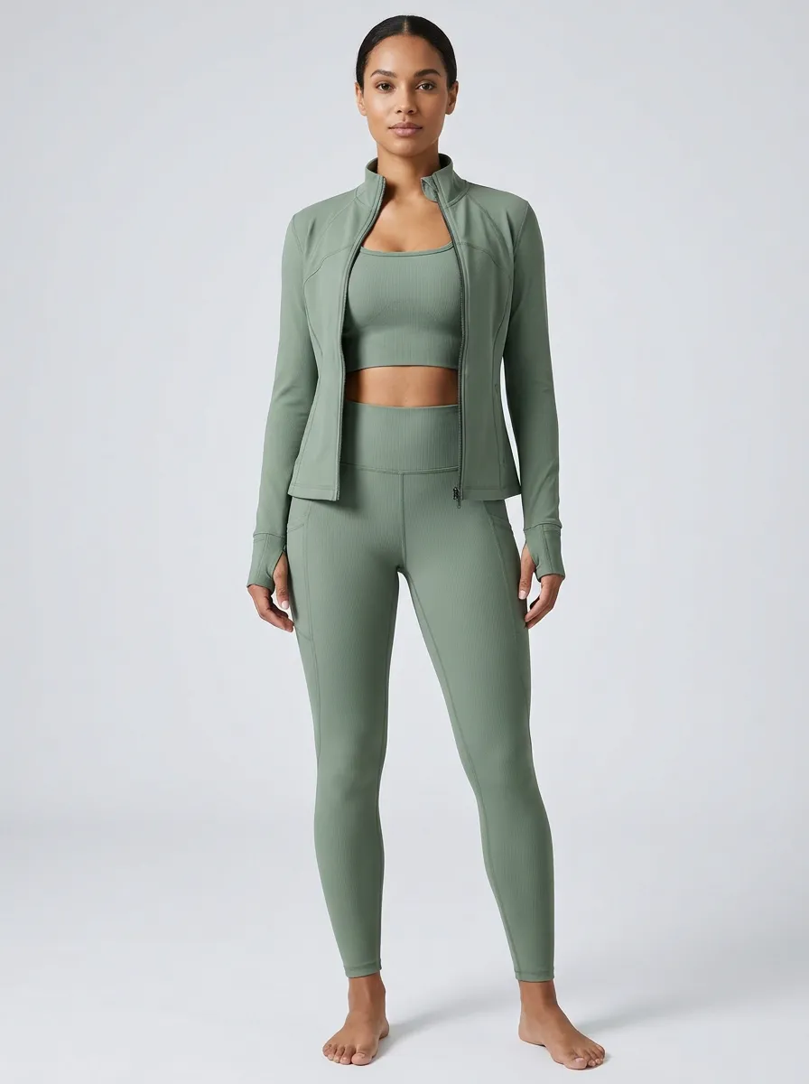 Utility Ribbed Texture Design Women's Three Piece Activewear Set