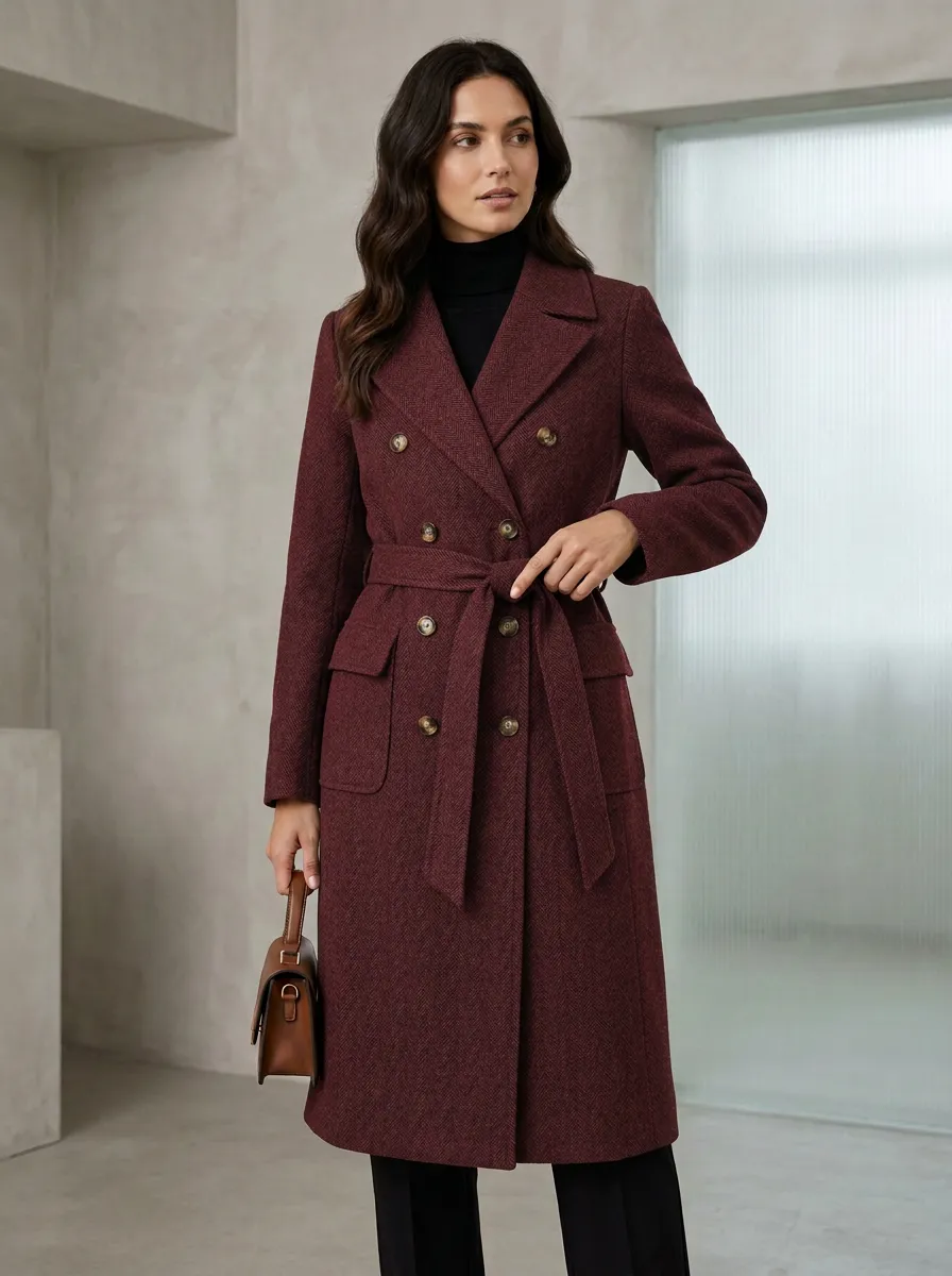 Women's Classic Herringbone Pattern Double-Breasted Belted Coat