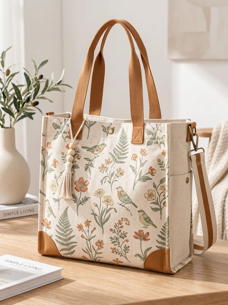 Women's Floral Bird Printed Canvas Shoulder Tote Bag