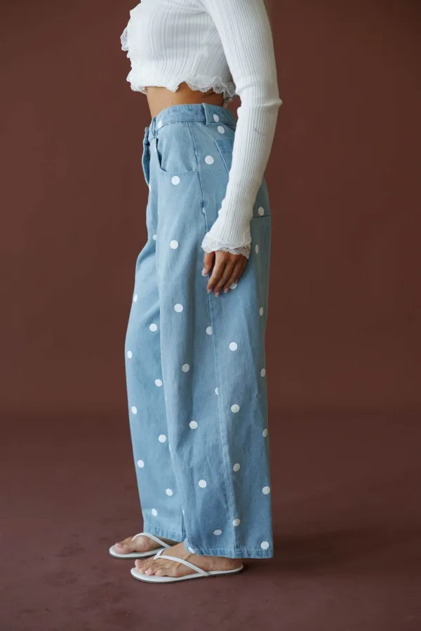 Denim Mid-Rise Polka-Dot Pants