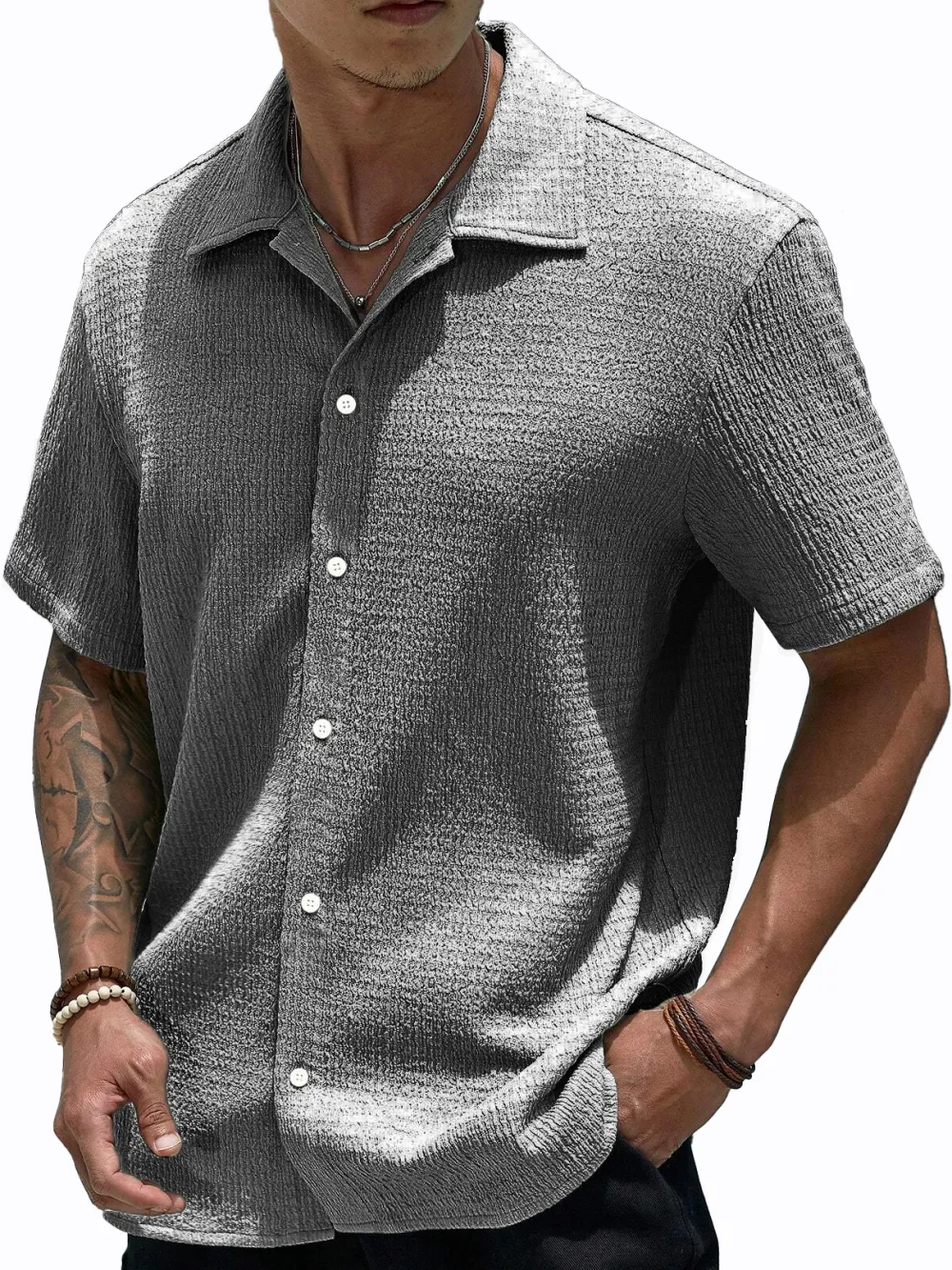 Short Sleeve Open Collar Pleated Front Shirt