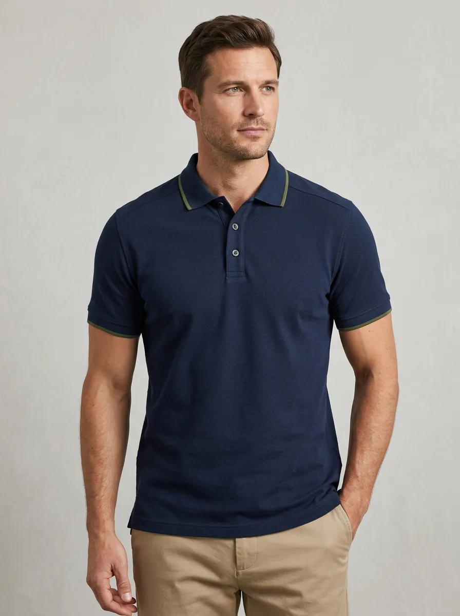 Men's Casual Navy Contrast Trim Printed Polo Shirt
