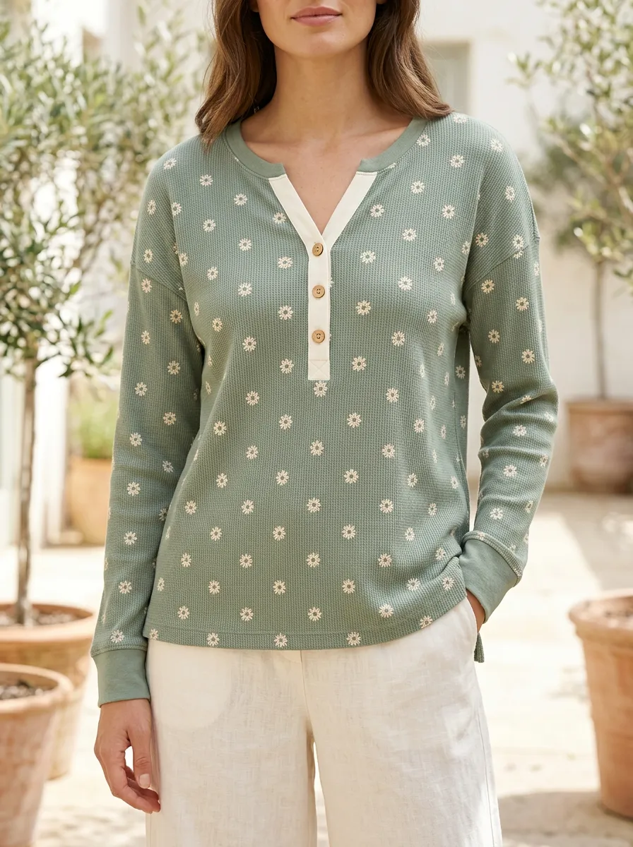 Women's Floral Pattern Sage Green Printed Henley Shirt
