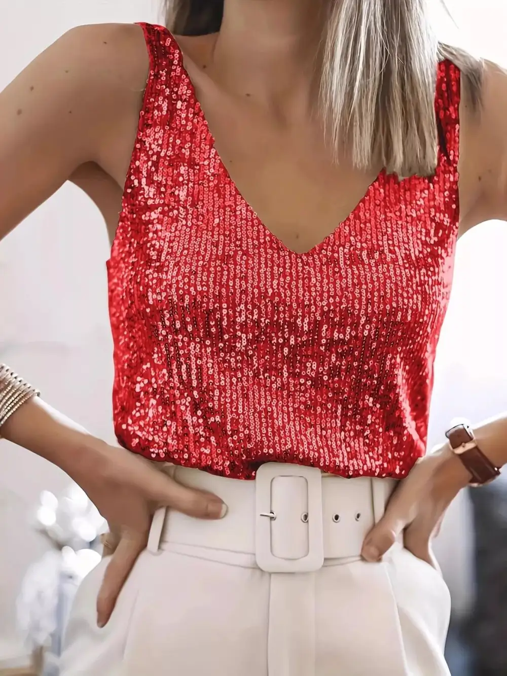 Sequin V Neck Tank Top