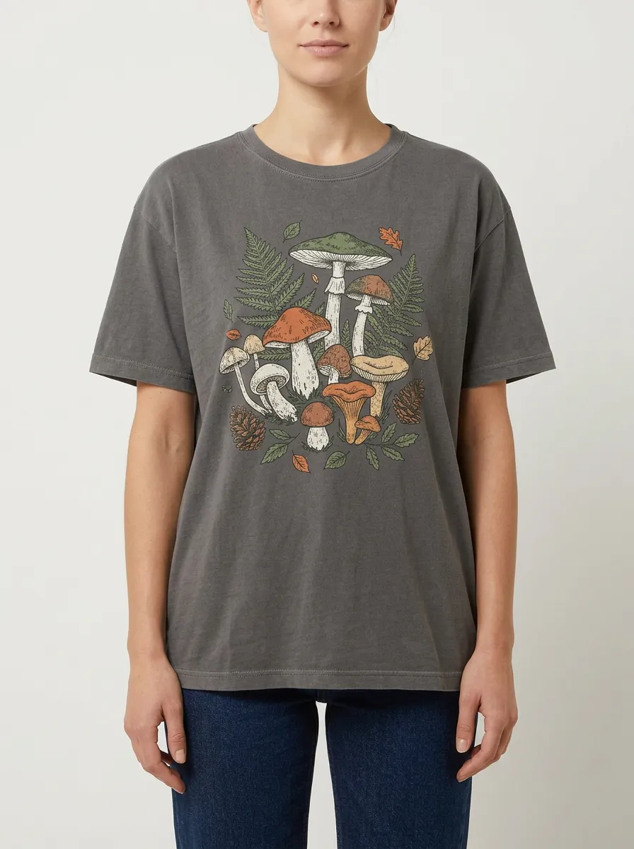 Women's Mushroom-Fern-Graphic Short-Sleeve Crewneck T-Shirt