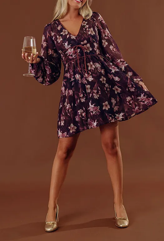 Zip-Closure Floral V-Neck Long Sleeve Smocked Mini Dress