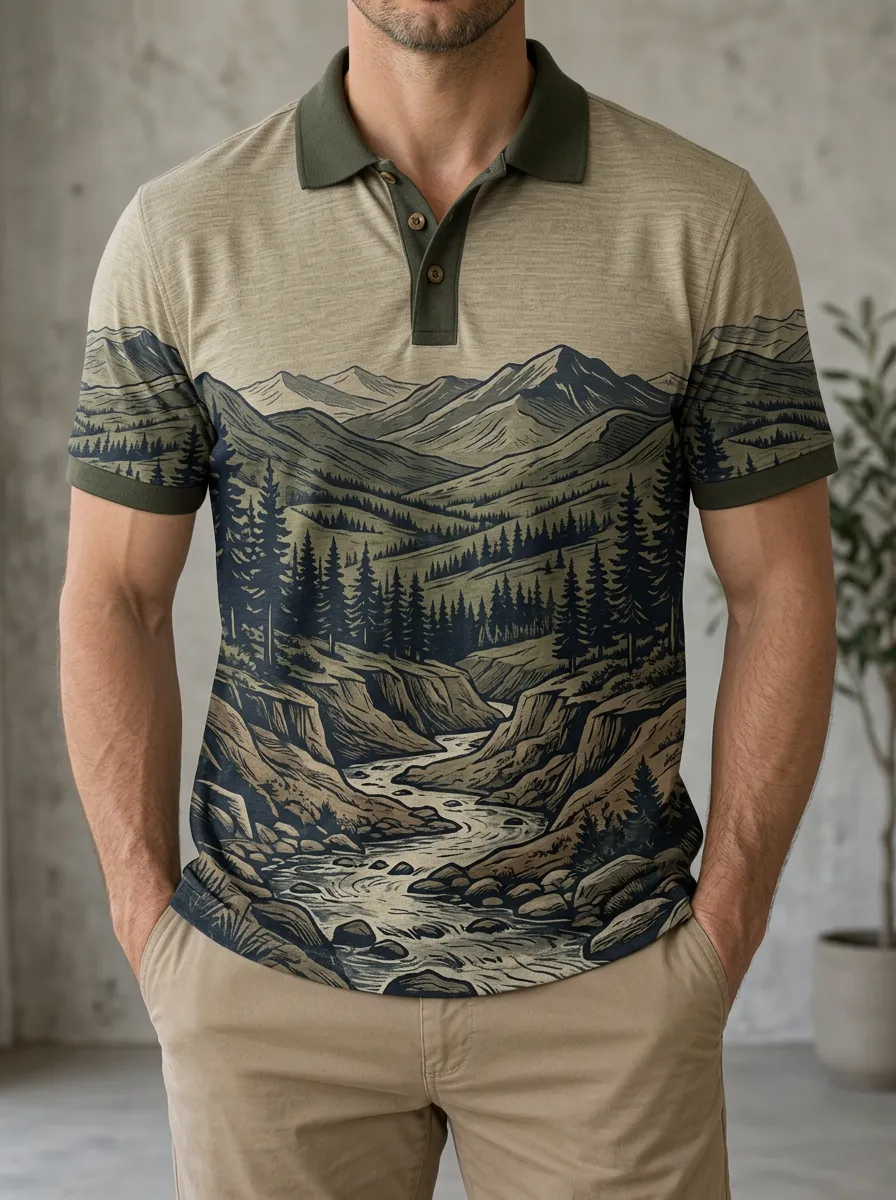 Men's Mountain River Forest Nature Printed Polo Shirt