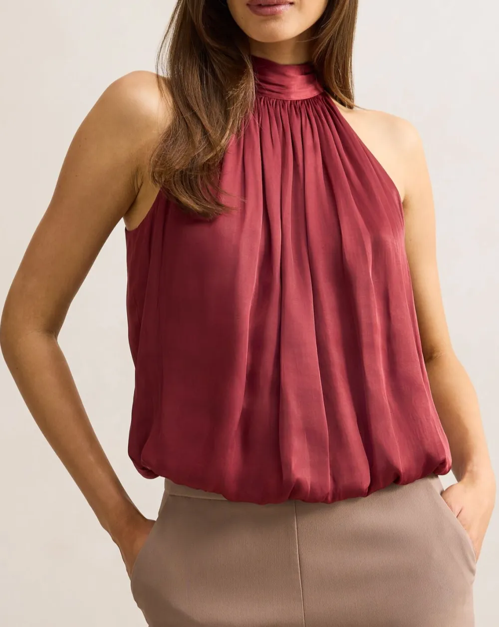 Burgundy Bubble Hem Halter Neck Sleeveless Top