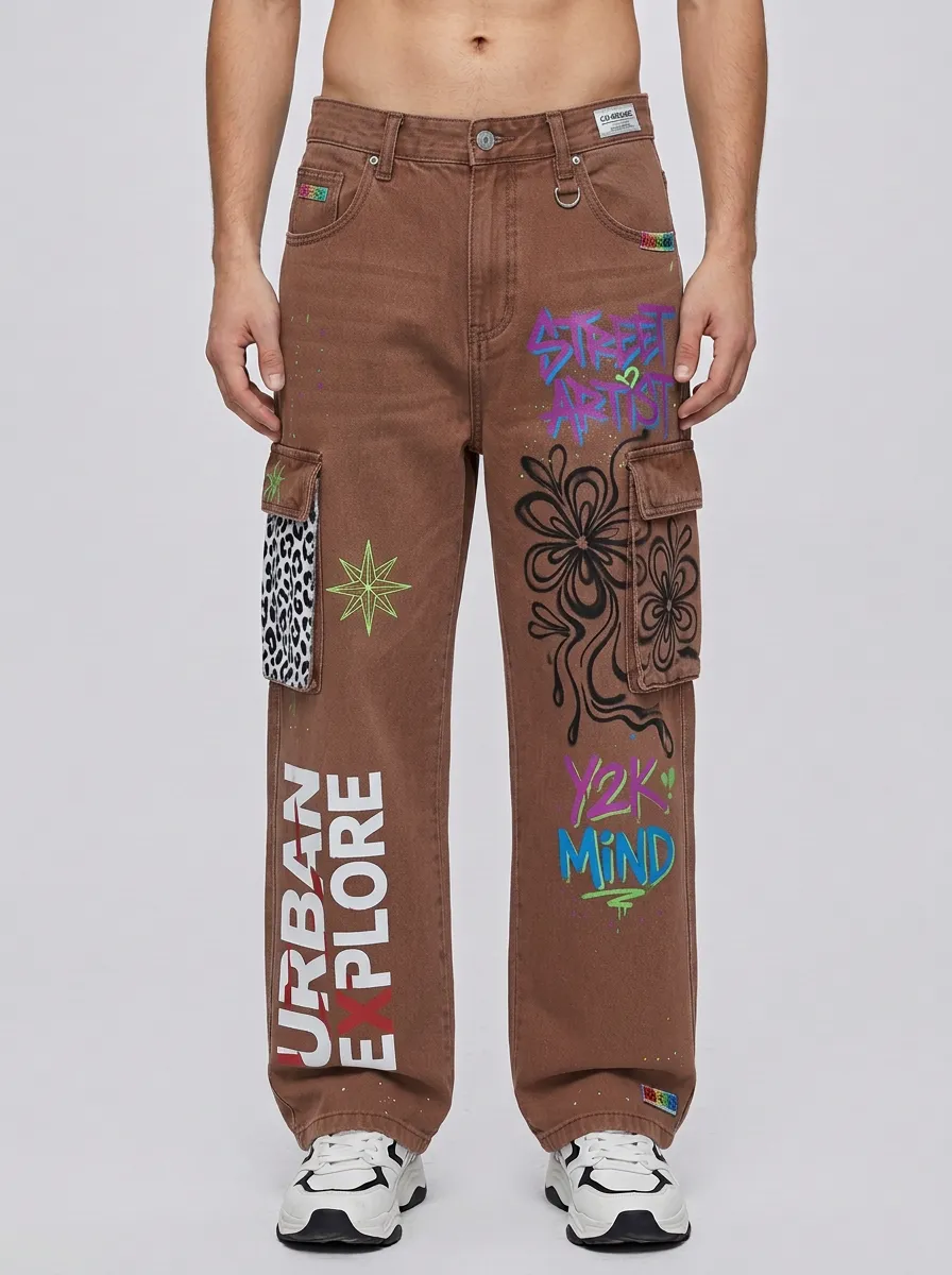Men's Streetwear Y2K Graffiti Leopard Graphic Cargo Jeans