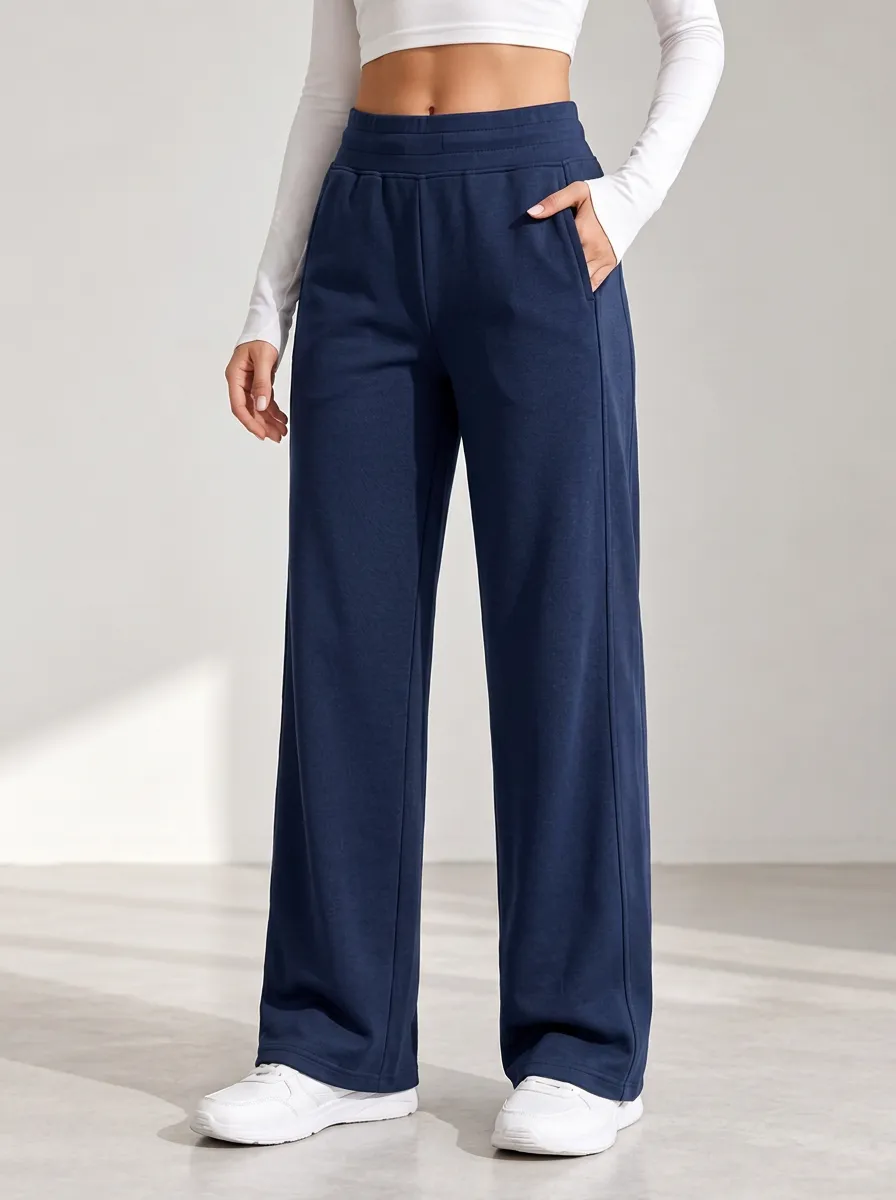 Women's Navy Sweatpants with Wide Leg Detail