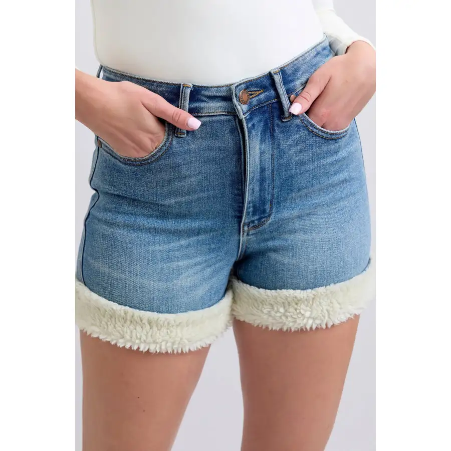 Full Size Hw Tummy Control Shearling Cuff Denim Shorts