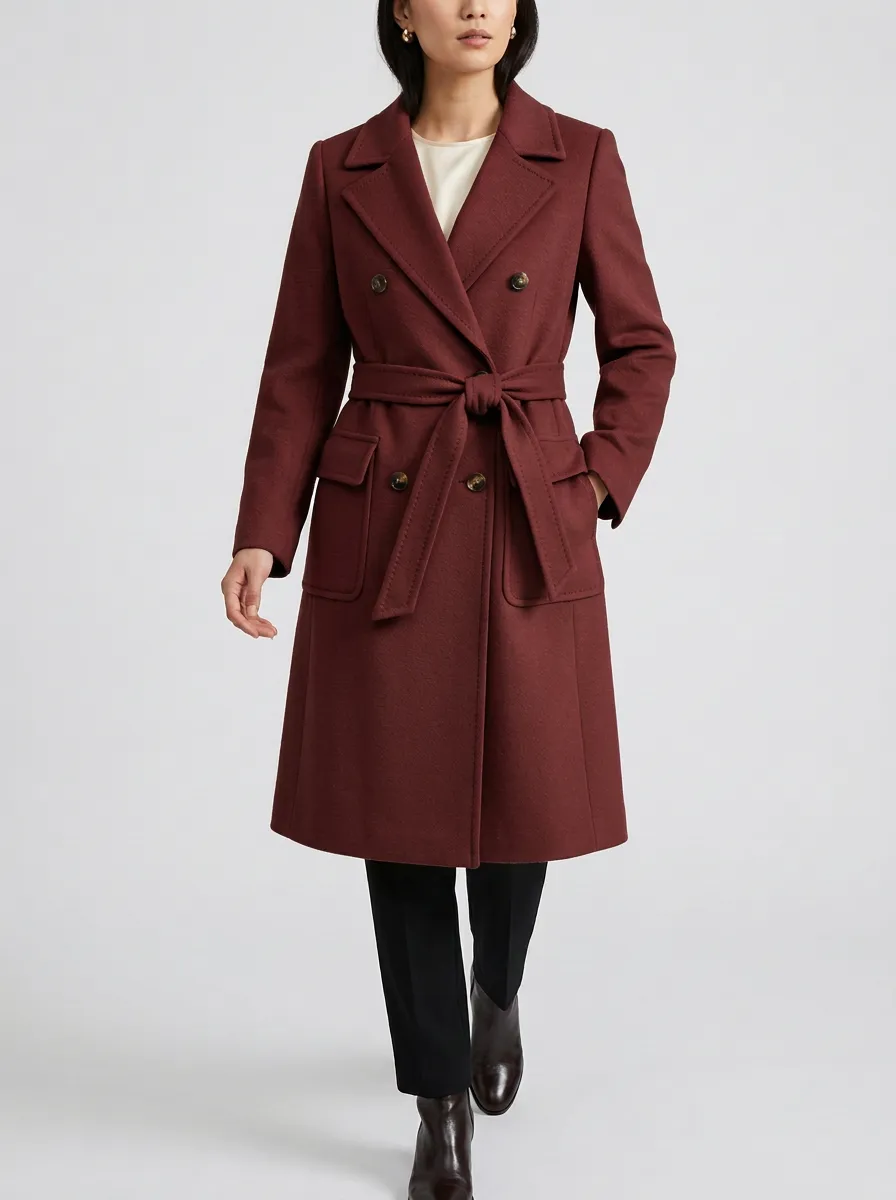 Women's Marin Camel Double-Breasted Belted Wool Blend Trench Coat