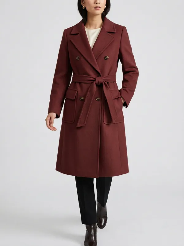 Women's Marin Camel Double-Breasted Belted Wool Blend Trench Coat