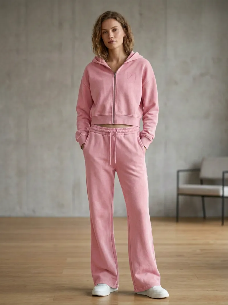 Women's Washed Minimal Cropped Hooded Jacket and Flare Pants Active Set