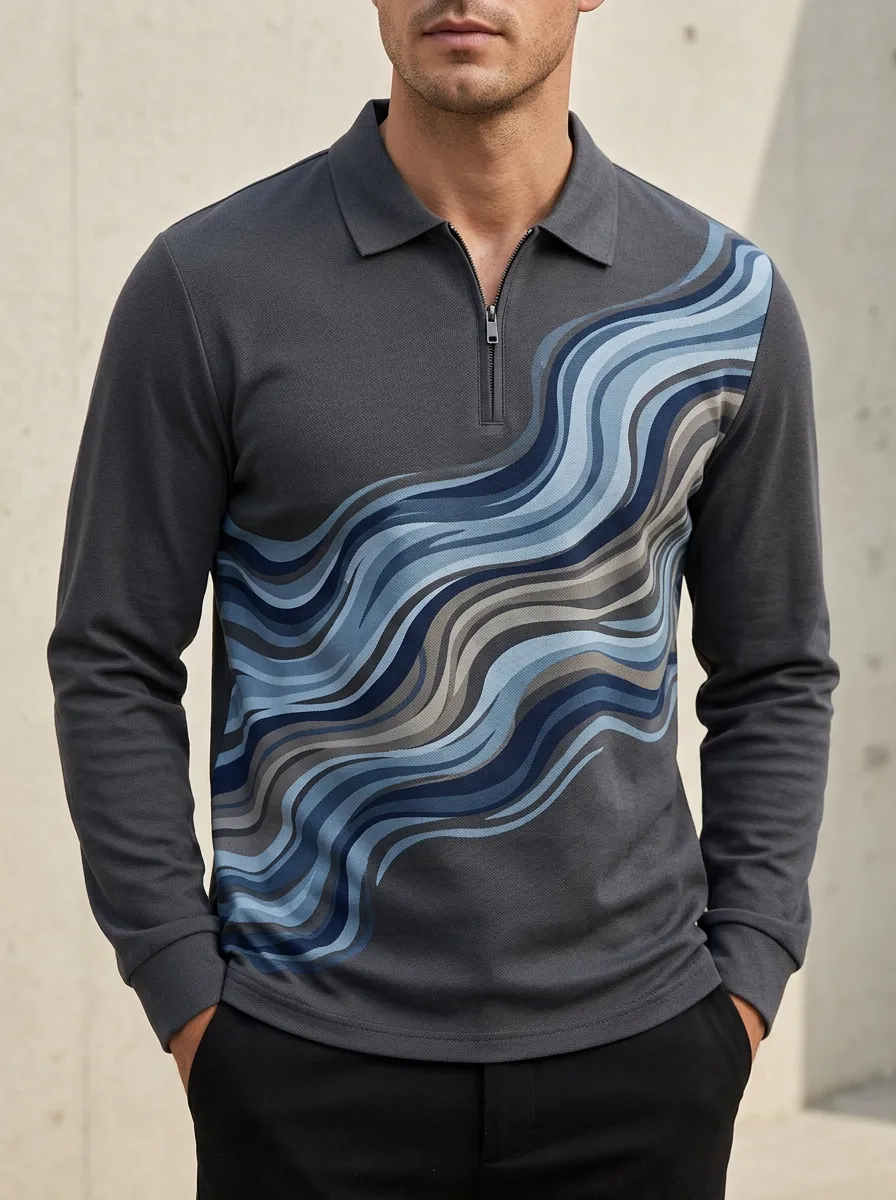 Men's Abstract Wave Pattern Long Sleeve Zip Polo Shirt