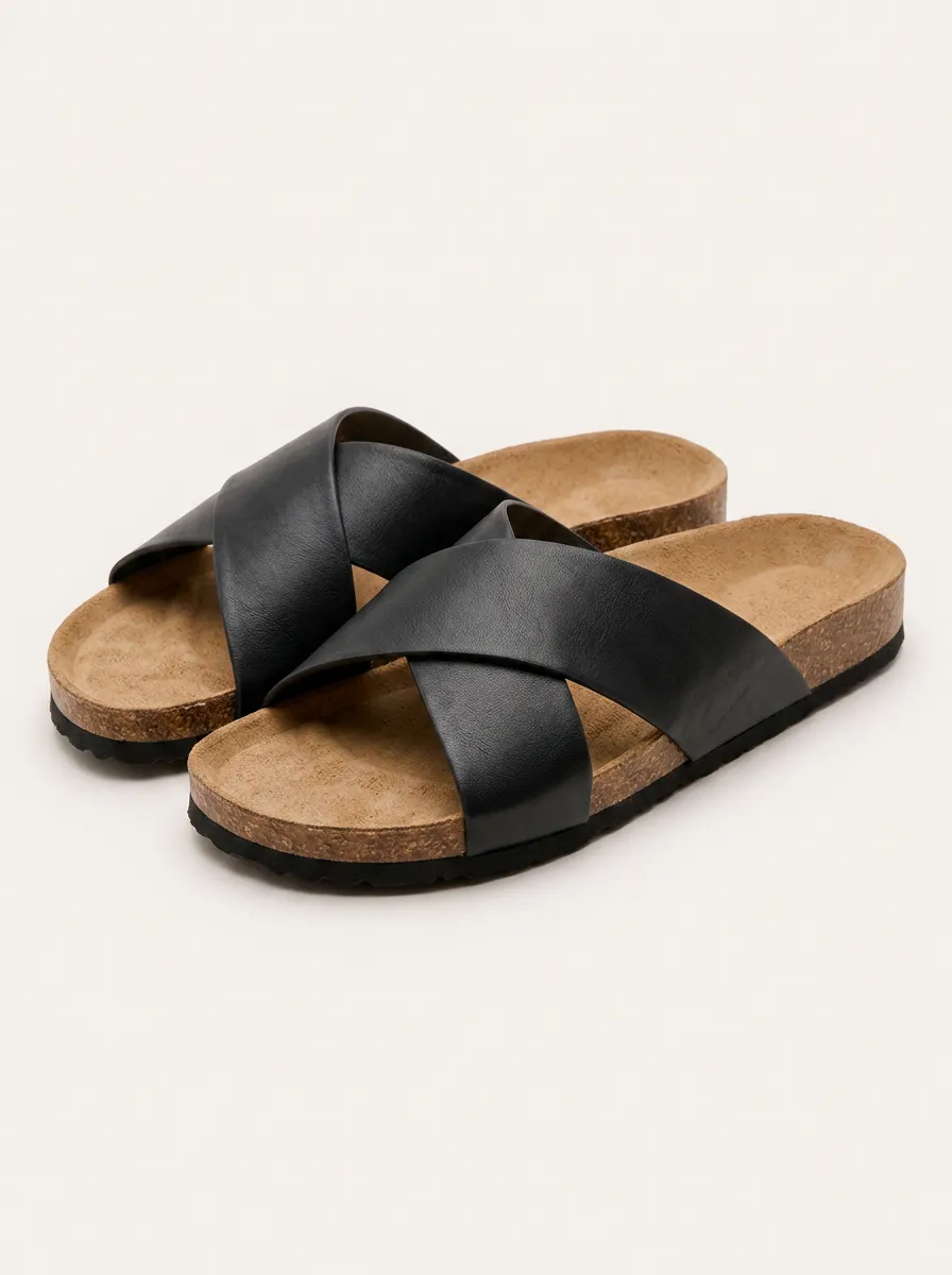 Unisex Casual Summer Black Crisscross Cork Footbed Sandals
