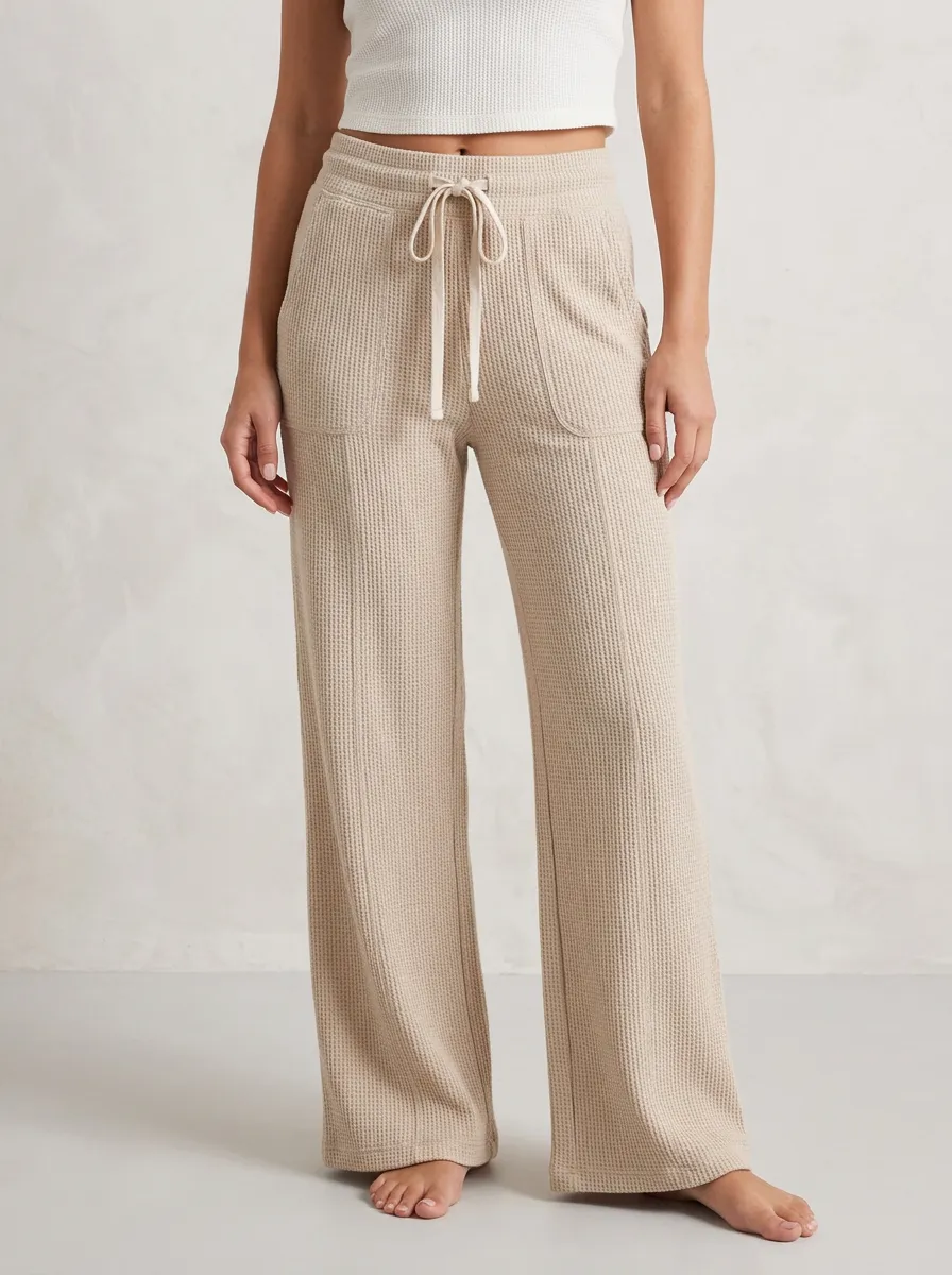 Women's Casual Lounge Waffle Knit Drawstring Wide Leg Pants