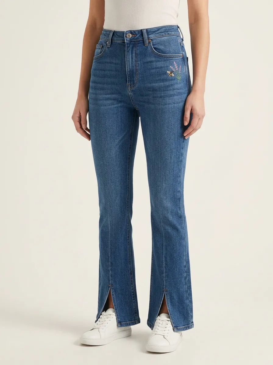 Women's Bee Botanical Embroidered Split-Hem Flare Jeans