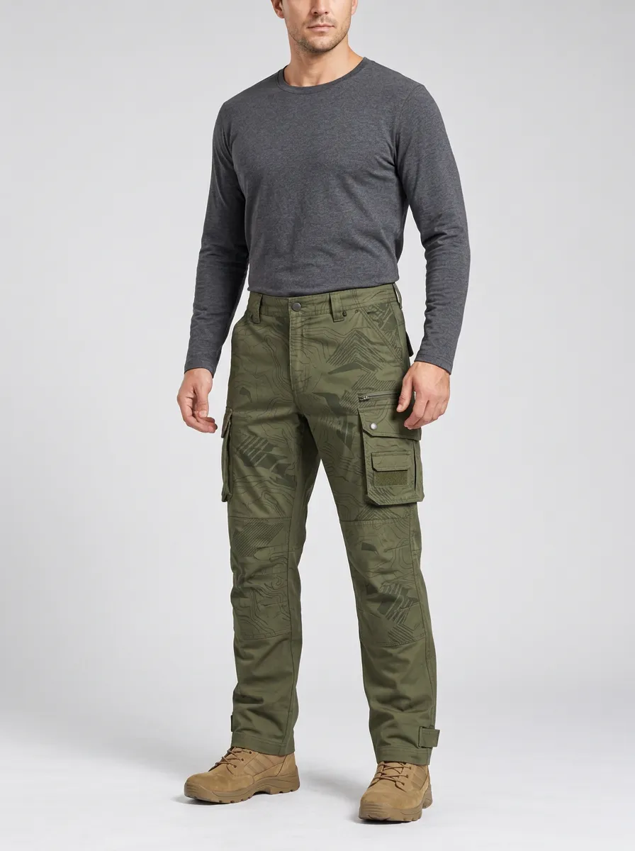 Men's Olive Green Topographic Multi-Pocket Reinforced Knee Tactical Cargo Pants