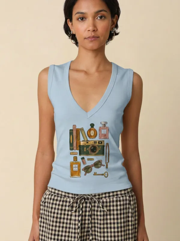 Women's Vintage Aesthetic Camera Perfume Books Printed Tank Top