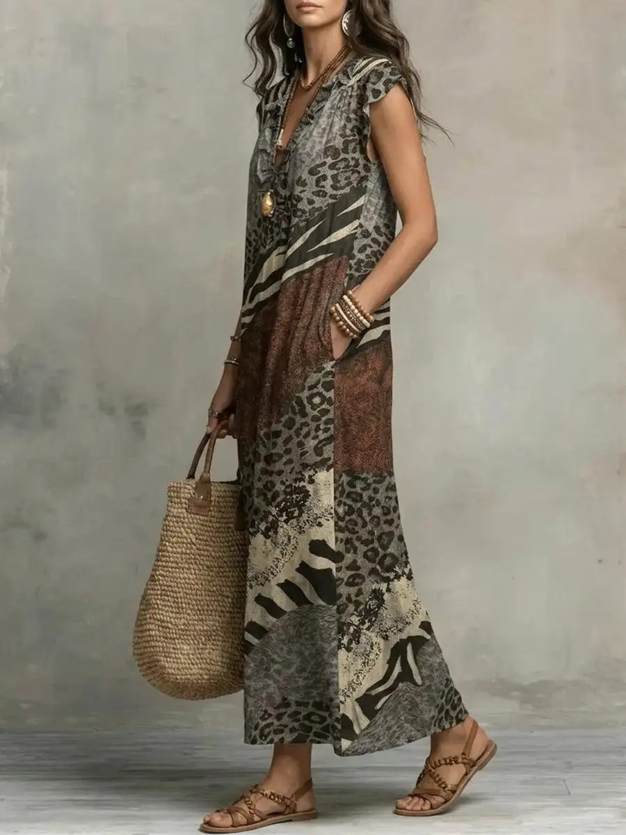 Ruffled Printed Sleeveless Neck Maxi Dress