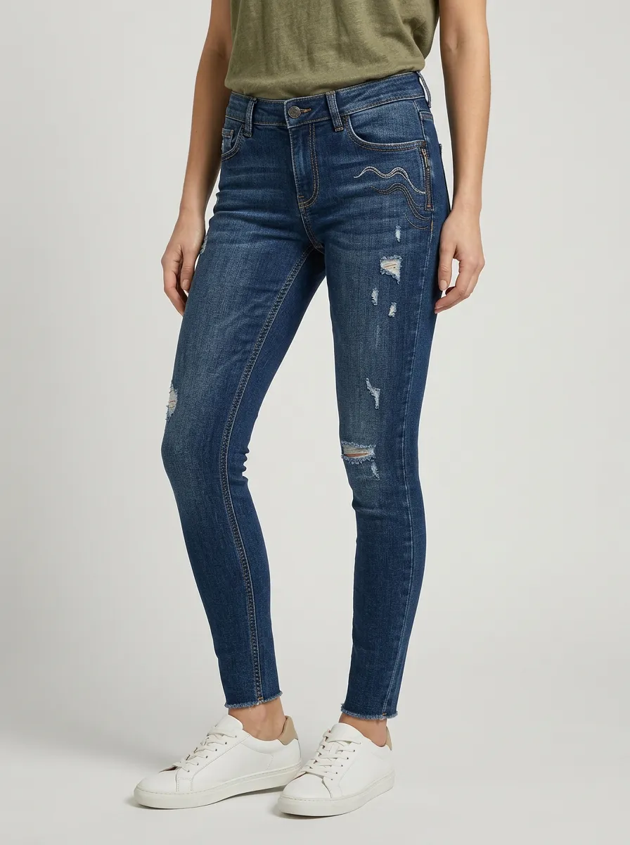 Women's Wave Embroidery Distressed Printed Slim Jeans