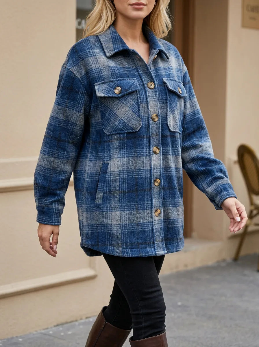 Women's Blue Plaid Pattern Button Up Flannel Jacket