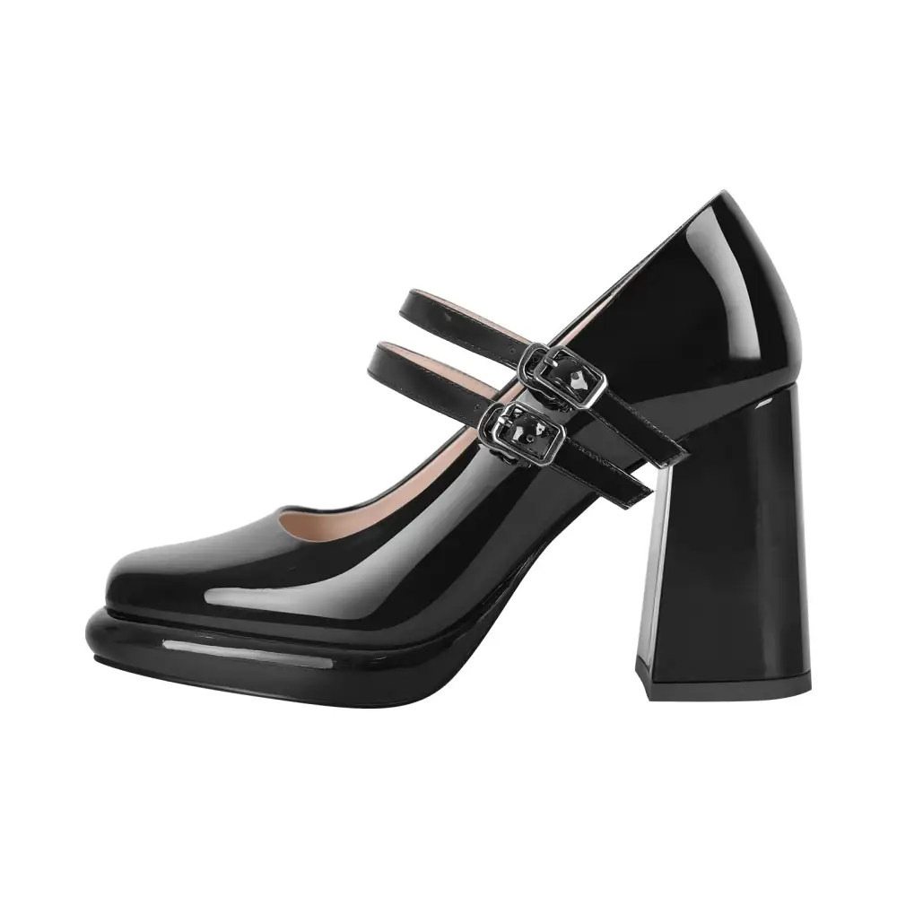Patent Finish Square Toe Low Platform Chunky Heel Buckle Strap Pumps