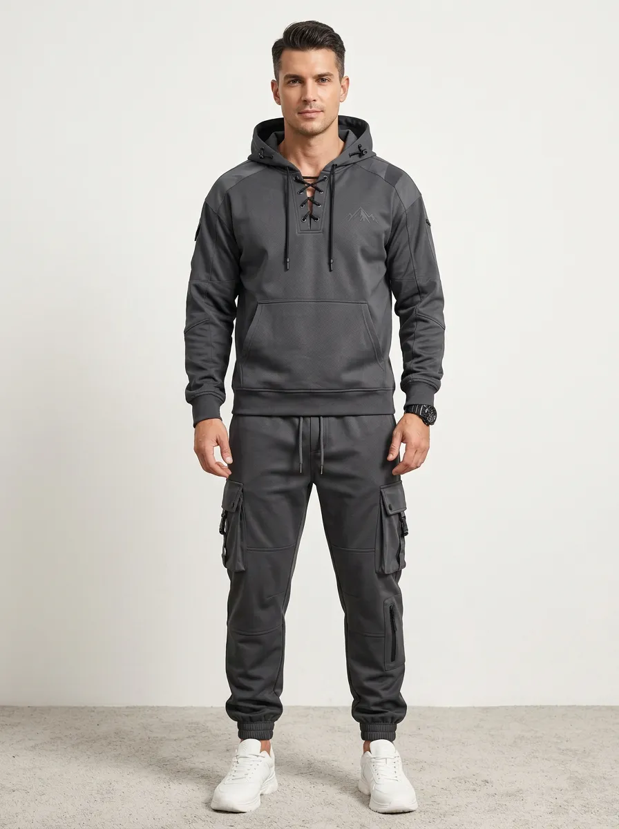 Urban Lace-Up Mountain Graphic Essential Men's Lace Up Hoodie And Cargo Jogger Set