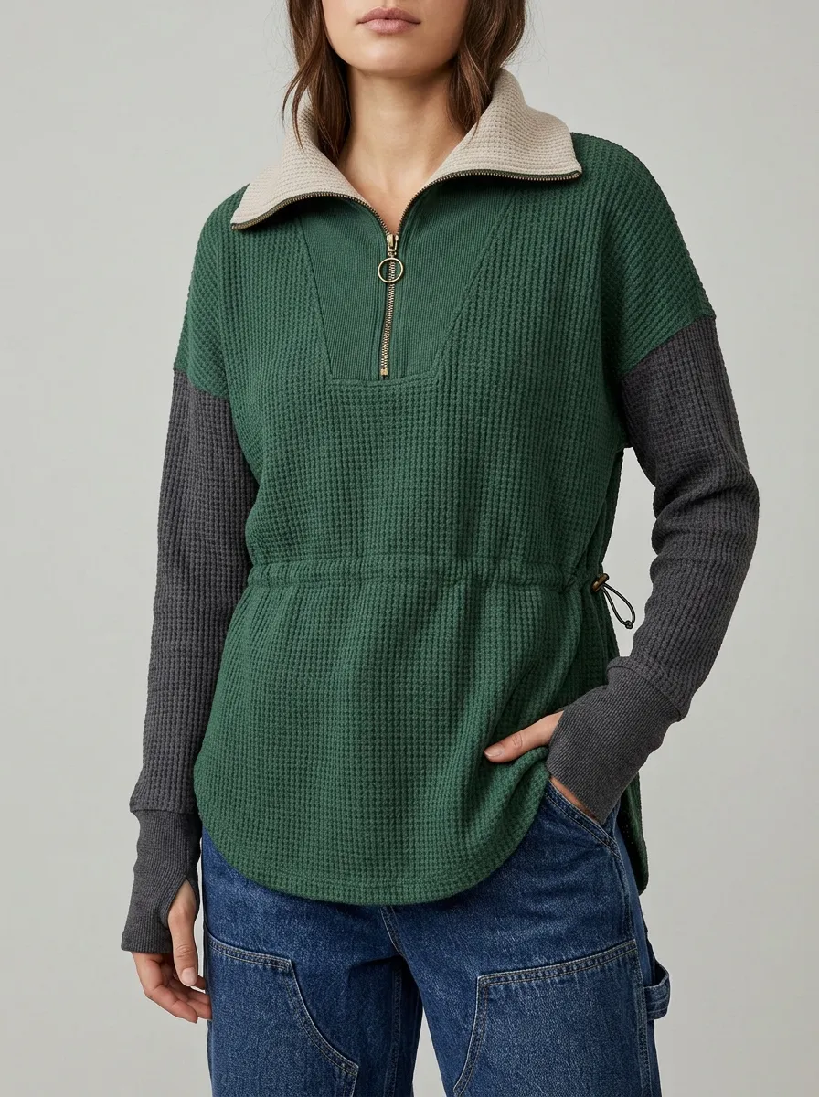Relaxed Everyday Colorblock Waffle Knit Quarter Zip Pullover Top
